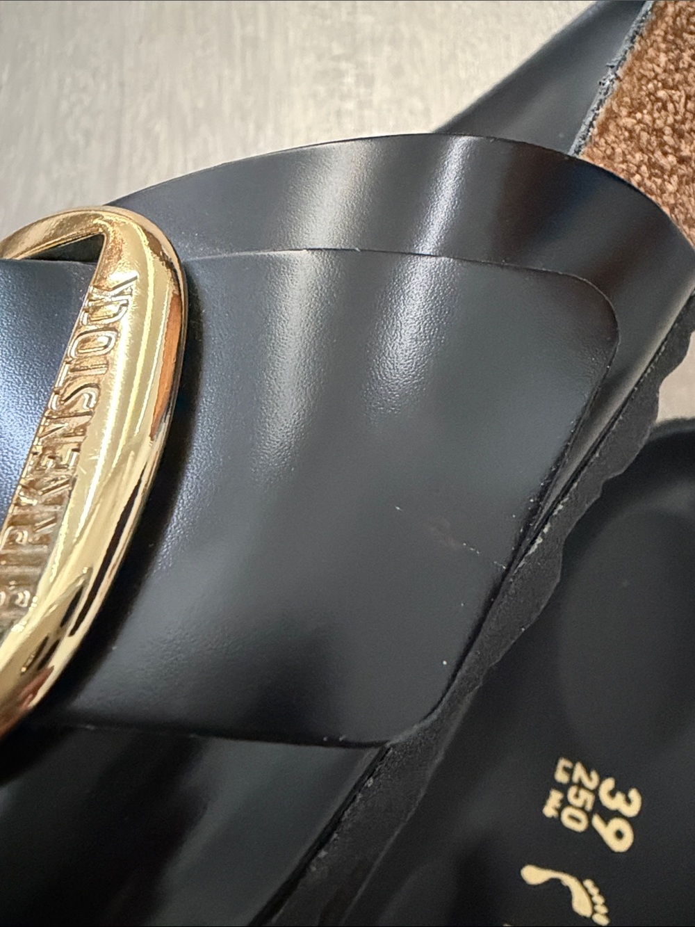 Birkenstock Black Patent Madrid Slides with Gold Buckles - Picture 6 of 8